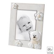 cadre photo enfant en bois beige avec décor ourson et fleurs